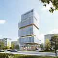 Modern High Rise Building Exterior With Glass Facade Greenery Trees And Urban Pedestrians