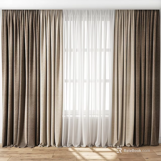 Brown Textured Curtains With Sheer White Lining For Home Window Decoration 3d model 