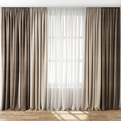 Brown Textured Curtains With Sheer White Lining For Home Window Decoration 3d model