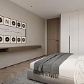 Modern Bedroom Interior Design With Upholstered Headboard Circular Art Decor And Pendant Lights