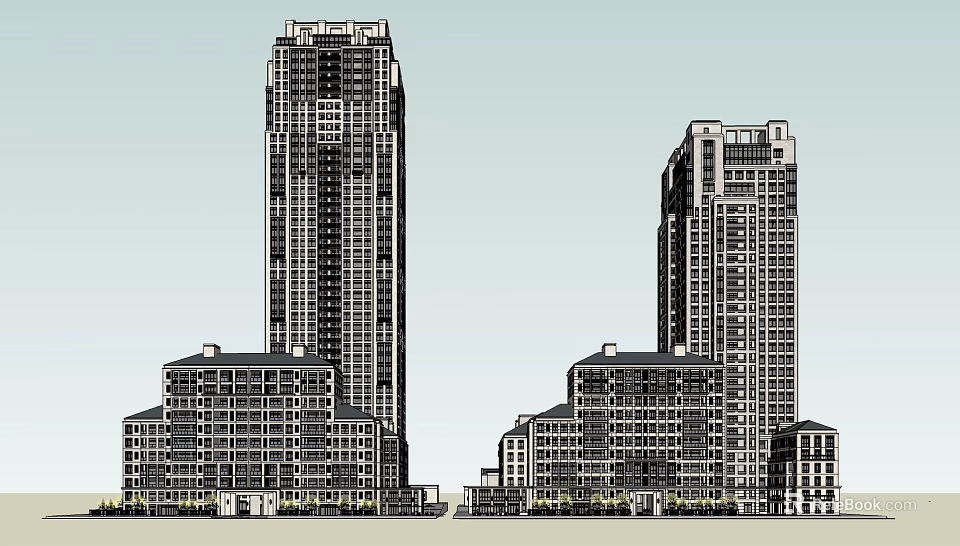Modern High Rise Buildings And Low Rise Structures In Urban Architectural Exterior Design 3d model 