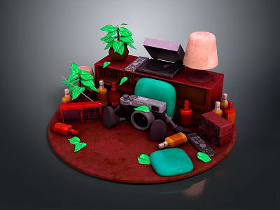 Open Laptop On Red Circular Platform With Green Plants Lamp Camera Radio And Bottles 3d model
