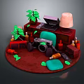 Open Laptop On Red Circular Platform With Green Plants Lamp Camera Radio And Bottles