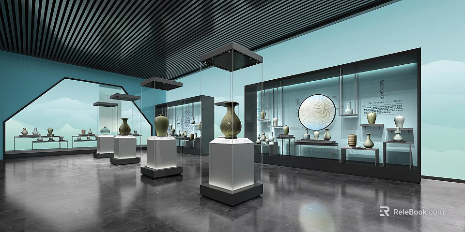 Museum Exhibition Hall With Ceramic Vases Glass Cases And White Pedestals 3d model 