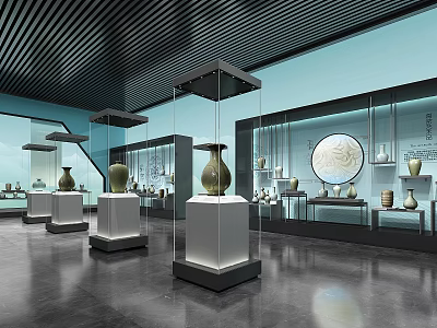 Museum Exhibition Hall With Ceramic Vases Glass Cases And White Pedestals 3d model