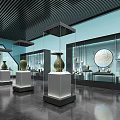 Museum Exhibition Hall With Ceramic Vases Glass Cases And White Pedestals