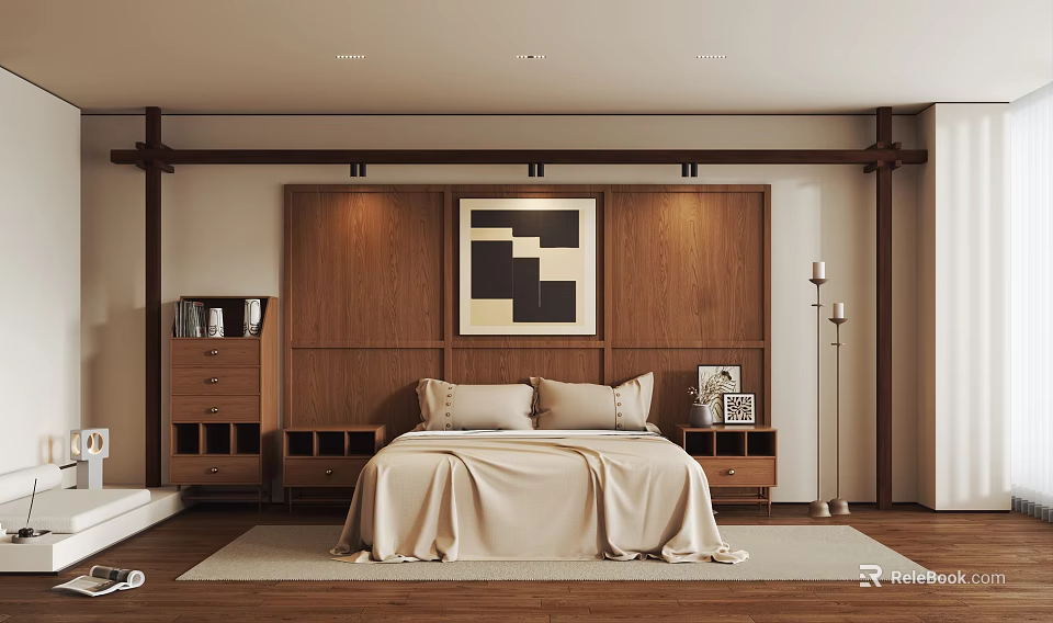 Minimalist Bedroom Interior Design With Wooden Accent Wall Beige Bedspread And Geometric Art 3d model 