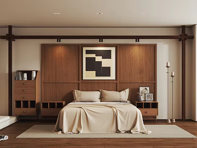 Minimalist Bedroom Interior Design With Wooden Accent Wall Beige Bedspread And Geometric Art 3d model