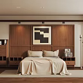 Minimalist Bedroom Interior Design With Wooden Accent Wall Beige Bedspread And Geometric Art