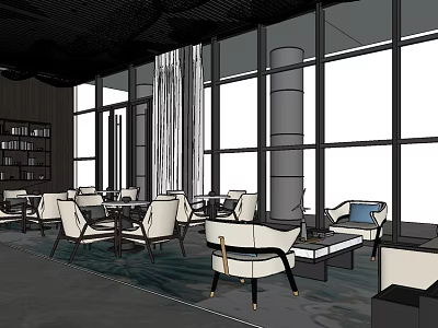 Modern Hotel Lobby Interior With Large Windows Gray Pillars White Chairs And Carpet 3d model