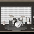 Musical Instruments Display In Modern Room With Drum Set Electric Guitars Shelves And Window Blinds
