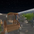 Garden Landscape Night Sky With Moon Stars Brick Wall Lotus Pool Wooden Deck Tables Umbrella