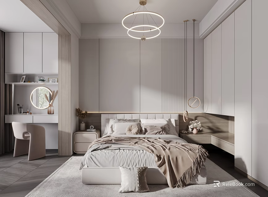 Modern Bedroom Interior With Elegant Bed Linens Ring Ceiling Lights Built In Cabinets Round Mirror 3d model 