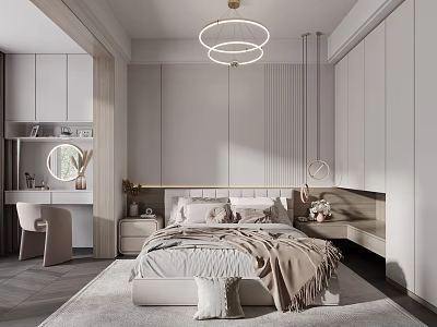 Modern Bedroom Interior With Elegant Bed Linens Ring Ceiling Lights Built In Cabinets Round Mirror 3d model