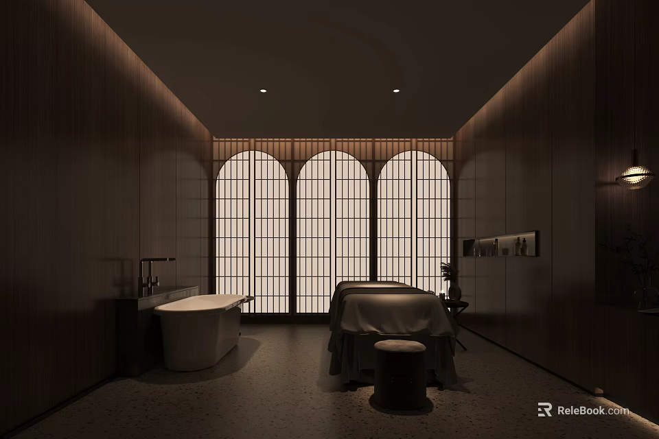 SPA Room With Wooden Interior Arch Windows And Massage Table 3d model 