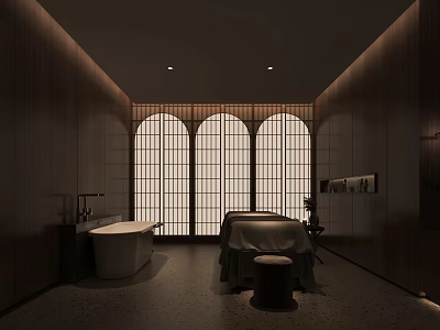 SPA Room With Wooden Interior Arch Windows And Massage Table 3d model