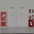 Fire Exit Doors With Green Exit Signs And Red Fire Safety Equipment