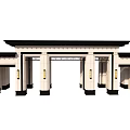 Traditional Chinese Style Entrance Gate with Overhanging Roof Symmetrical Columns and Cream Walls