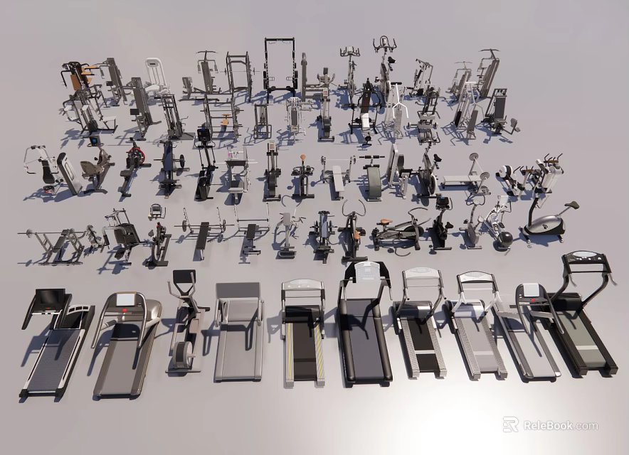 Various Types of Sports Equipment Including Treadmills and Fitness Machines 3d model 