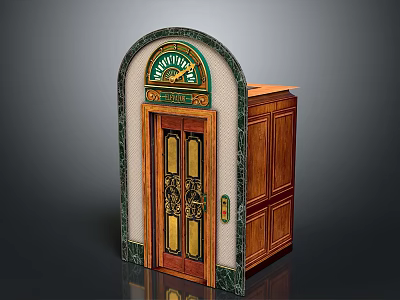 Ornate Wooden Entrance Door With Arched Top Green Trim Glass Panels And Side Cabinets 3d model