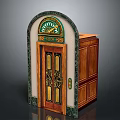 Ornate Wooden Entrance Door With Arched Top Green Trim Glass Panels And Side Cabinets