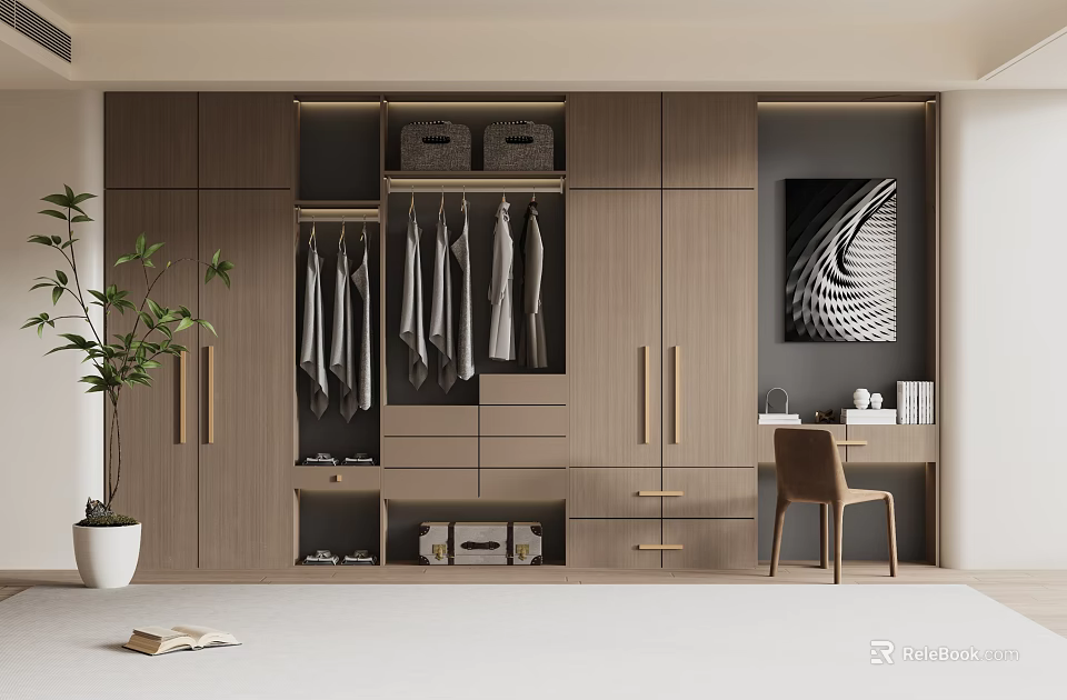 Modern Wooden Wardrobe Interior Design With Hanging Area Drawers Storage Baskets And Desk Chair 3d model 