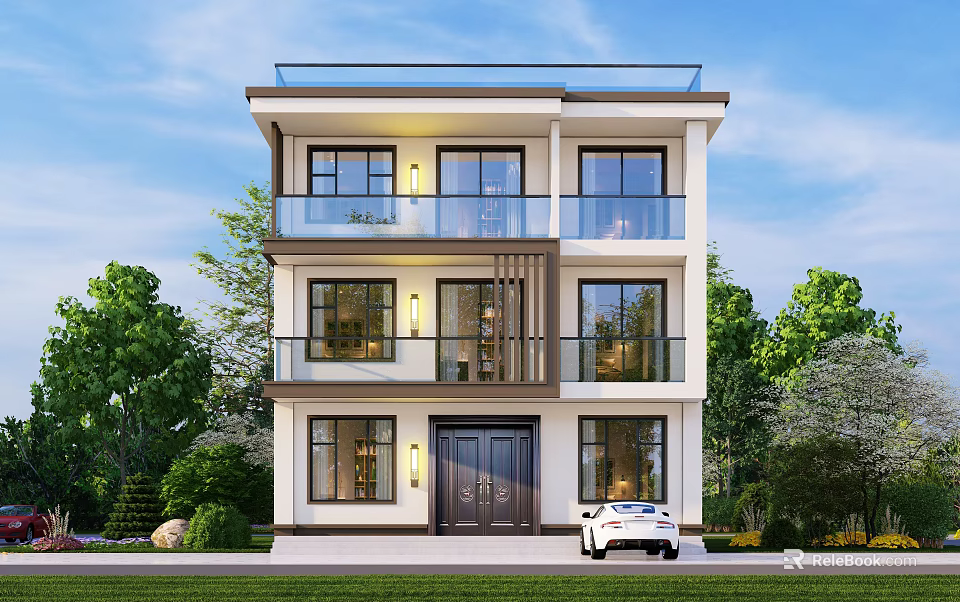 Modern Three Story Detached Villa With Balconies Large Windows And Greenery Around 3d model 