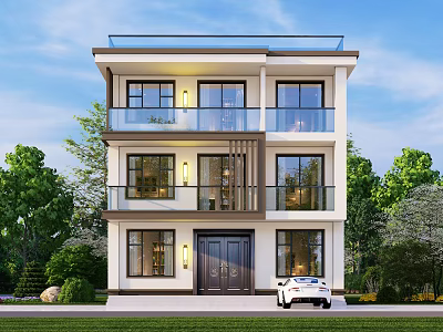 Modern Three Story Detached Villa With Balconies Large Windows And Greenery Around 3d model