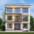 Modern Three Story Detached Villa With Balconies Large Windows And Greenery Around