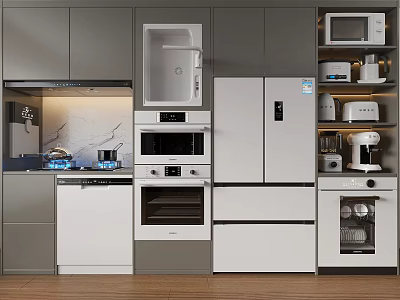 Modern Kitchen Design Featuring Essential Appliances Refrigerator Oven Microwave Dishwasher And Coffee Maker 3d model