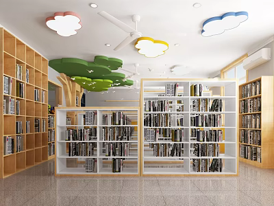 Vibrant Book Art Interior Design With Wooden Bookshelves And Colorful Cloud Decorations 3d model