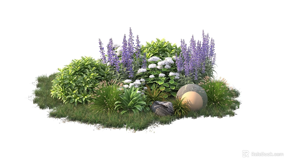 Vibrant Garden Shrubs Featuring Green Foliage Purple Blooms and White Flowers with Stones and Grass 3d model 