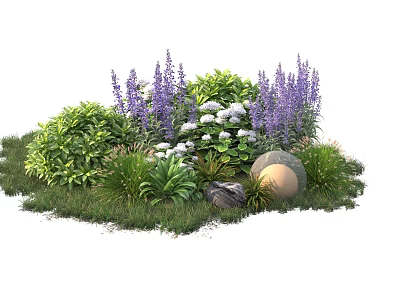 Vibrant Garden Shrubs Featuring Green Foliage Purple Blooms and White Flowers with Stones and Grass 3d model