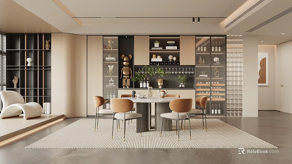 Modern Restaurant Dining Area With Open Kitchen And Wooden Cabinets 3d model 