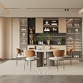 Modern Restaurant Dining Area With Open Kitchen And Wooden Cabinets
