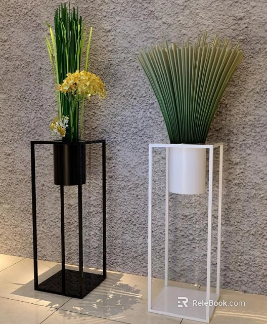 Bonsai Potted Plants on Black and White Plant Stands Featuring Yellow Flowers and Green Leaves 3d model 