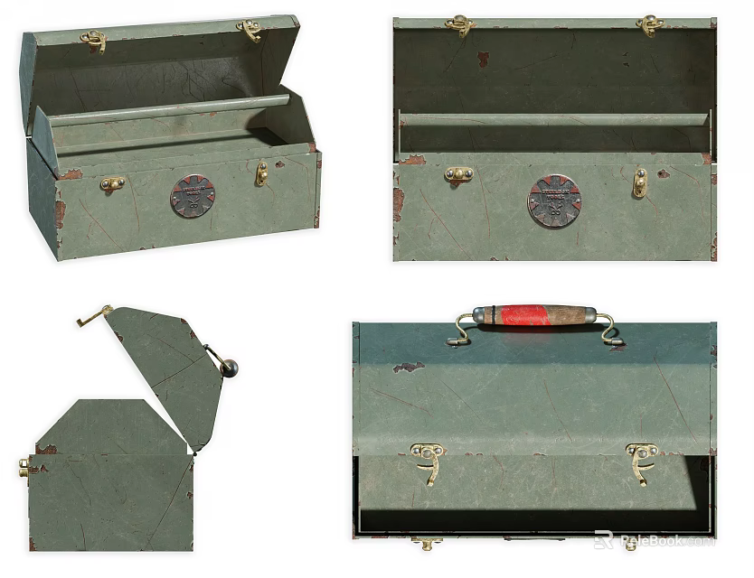 Green Metal Toolbox With Lock Clasps Round Badge And Red Handle For Storage 3d model 