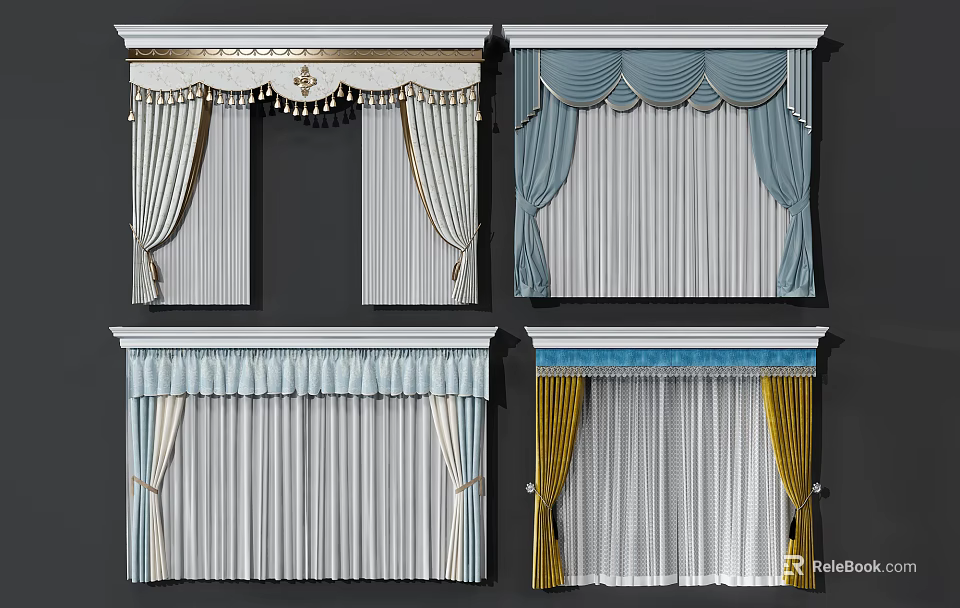 Classical Style Curtains with Gold Blue Yellow Valance and Decorative Trim Details 3d model 