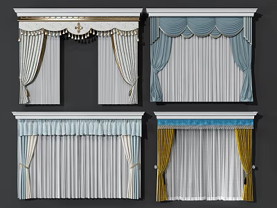 Classical Style Curtains with Gold Blue Yellow Valance and Decorative Trim Details 3d model