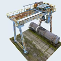 Rusted Industrial Equipment Structure With Yellow Guardrails Metal Platform And Pipes On Concrete Floor
