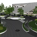 Modern Sales Office Building With Circular Landscape Greenery And Curved Pathway Design