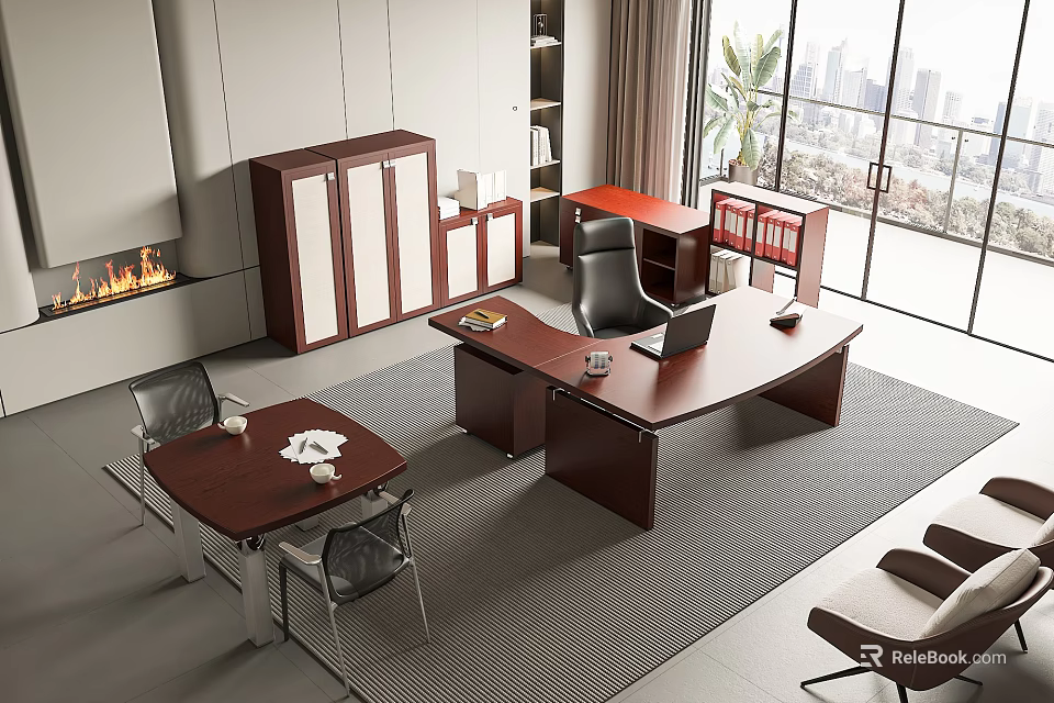 Modern Office Wooden Desk With Laptop Documents Office Chair And Floor To Ceiling Windows 3d model 