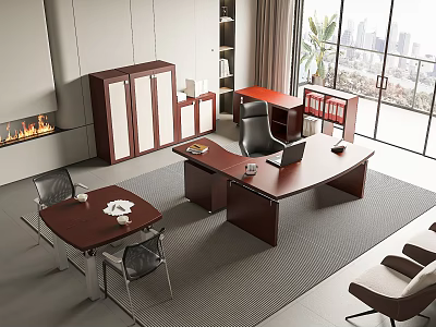 Modern Office Wooden Desk With Laptop Documents Office Chair And Floor To Ceiling Windows 3d model