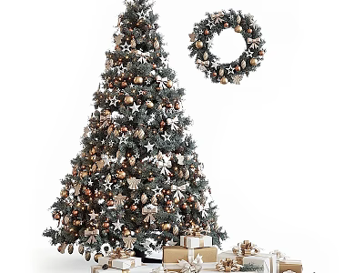 Decorated Christmas Tree With Ornaments Festive Wreath And Gift Boxes Underneath 3d model