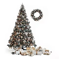 Decorated Christmas Tree With Ornaments Festive Wreath And Gift Boxes Underneath