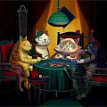 Cartoon Scene Of Cats Sitting Around Table Playing Cards With Chairs And Lamp