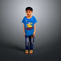 Young Boy in Blue T-Shirt With Cartoon Design Blue Jeans Colorful Sandals Gray Background