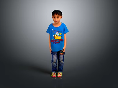 Young Boy in Blue T-Shirt With Cartoon Design Blue Jeans Colorful Sandals Gray Background 3d model