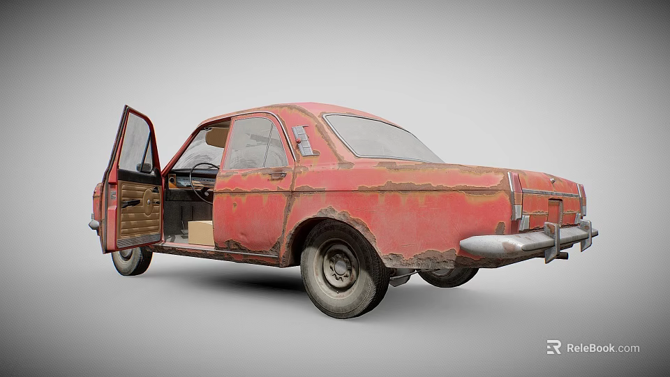 Old Red Rusty Bus With Open Doors And Worn Out Exterior Details 3d model 