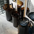 Modern Colored Washbasins Featuring Black Pedestal Bases Circular Mirrors And Lighting